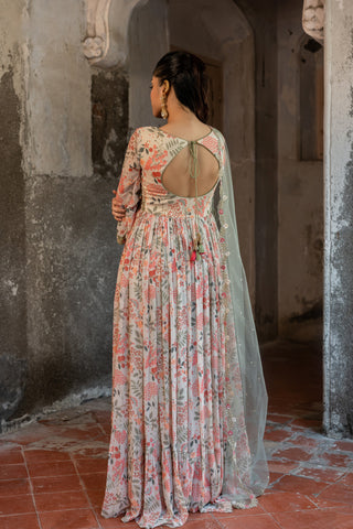 A ivory printed hand embroidered anarkali with duptta