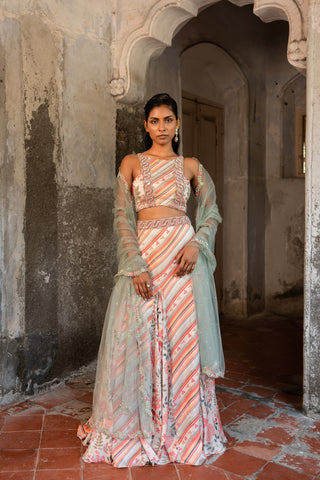 A hand embroidered lehenga set paired with blouse and duptta