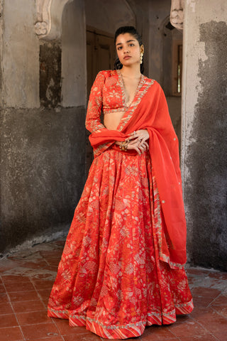 A tommato red embroidered lehenga with v neck blouse and duptta