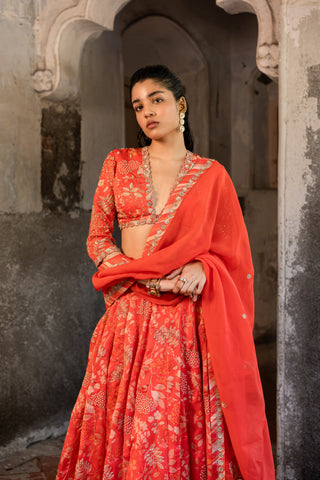 A tommato red embroidered lehenga with v neck blouse and duptta