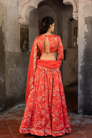 A tommato red embroidered lehenga with v neck blouse and duptta