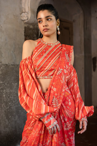 A pre-draped saree set with hand embroidered blouse