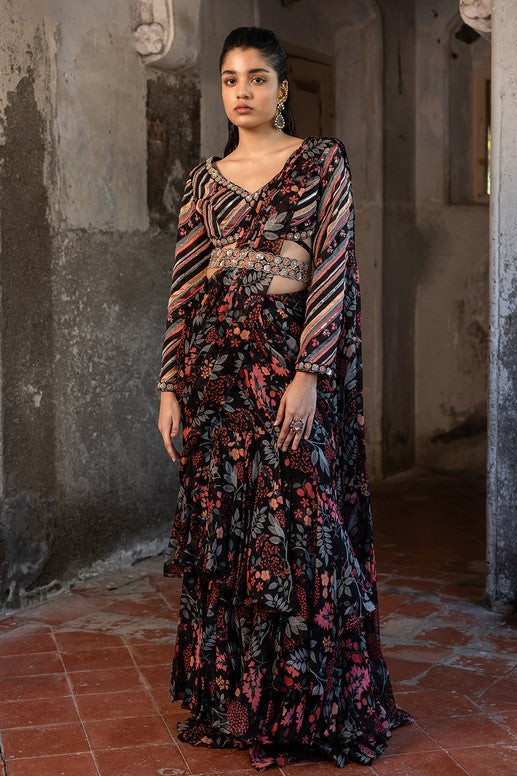 A pre-draped layer saree with hand embroidered blouse and belt