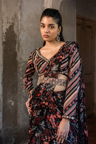 A pre-draped layer saree with hand embroidered blouse and belt