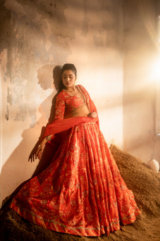 A tommato red embroidered lehenga with v neck blouse and duptta