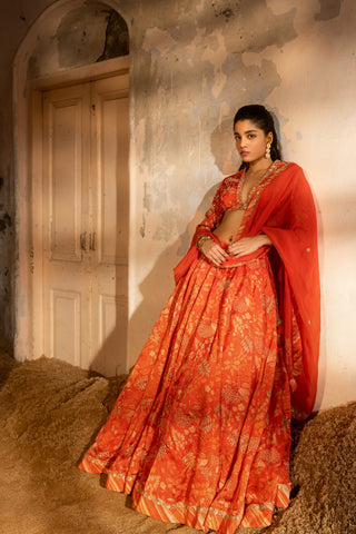 A tommato red embroidered lehenga with v neck blouse and duptta