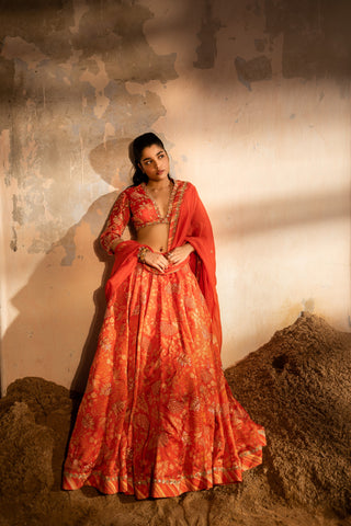 A tommato red embroidered lehenga with v neck blouse and duptta