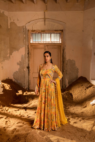 A printed koti style anarkali with duptta