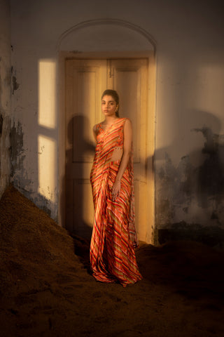 A pre-draped saree set with hand embroidered blouse