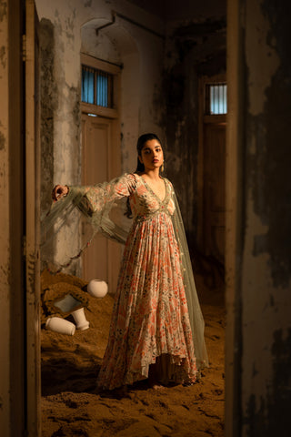 A ivory printed hand embroidered anarkali with duptta