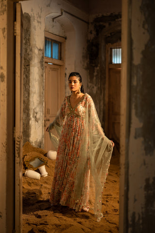 A ivory printed hand embroidered anarkali with duptta