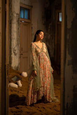 A ivory printed hand embroidered anarkali with duptta