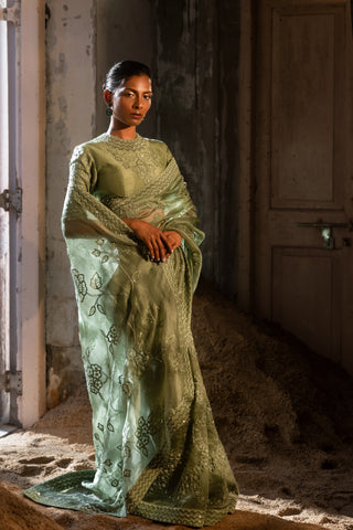 A pista green embroidered saree with high neck blouse