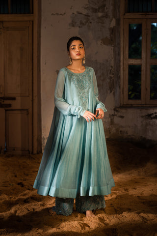 A powder blue anarkali paired with pants