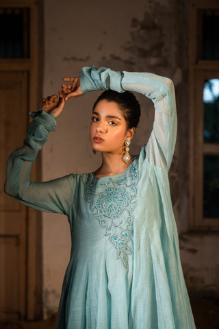 A powder blue anarkali paired with pants