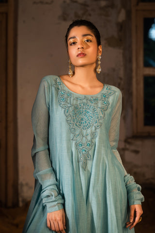 A powder blue anarkali paired with pants