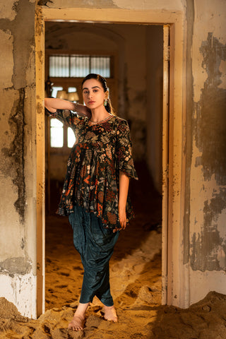 A printed peplum paired with dhoti pants