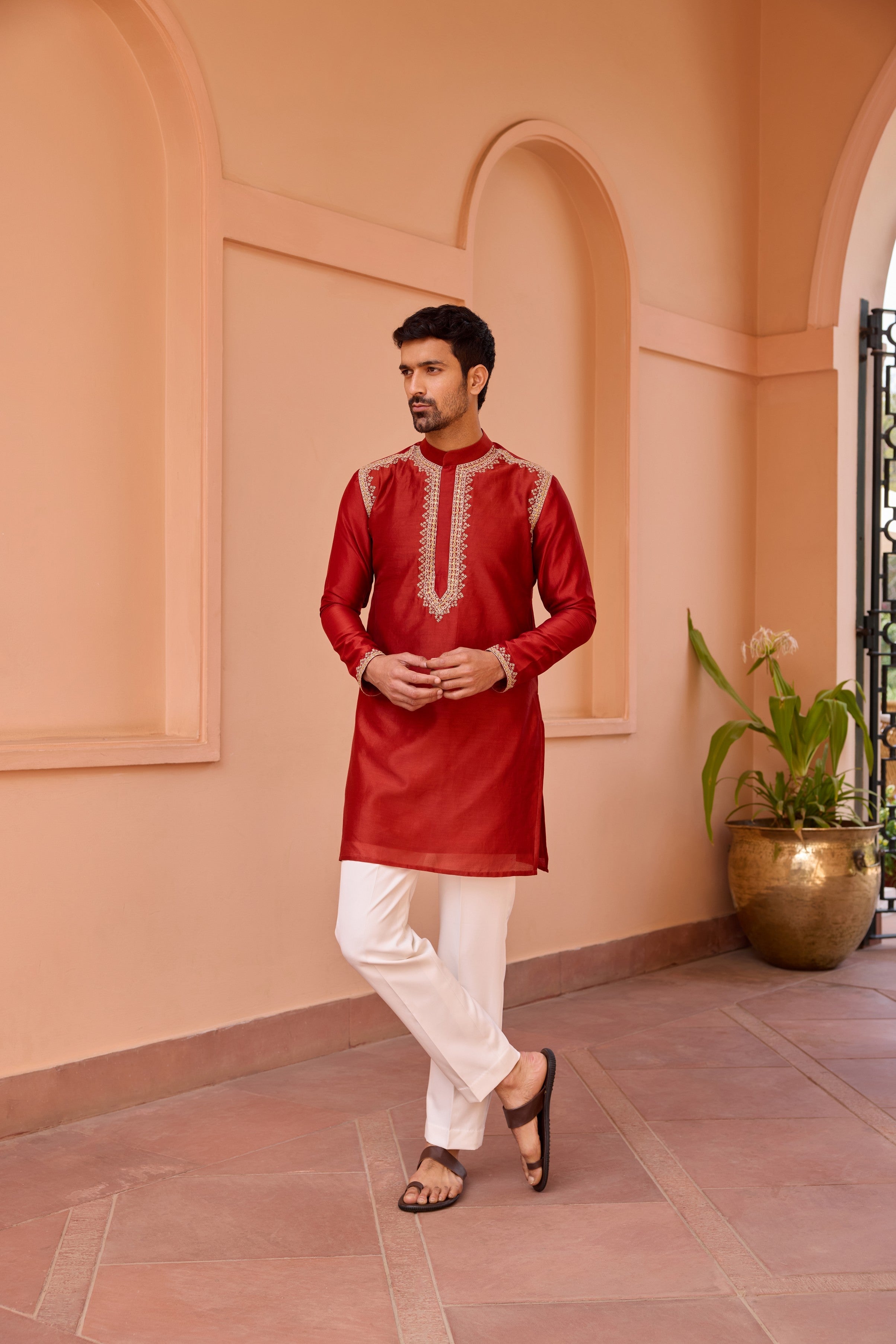 Red dori and hand embroidered silk kurta set