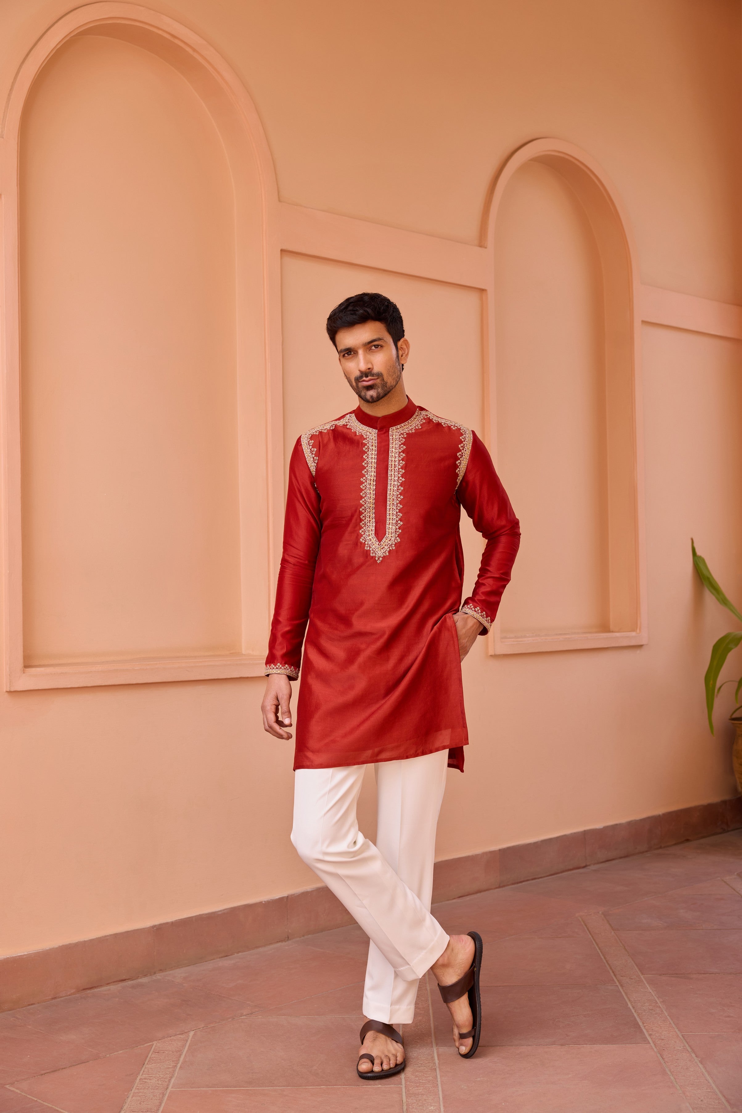 Red dori and hand embroidered silk kurta set