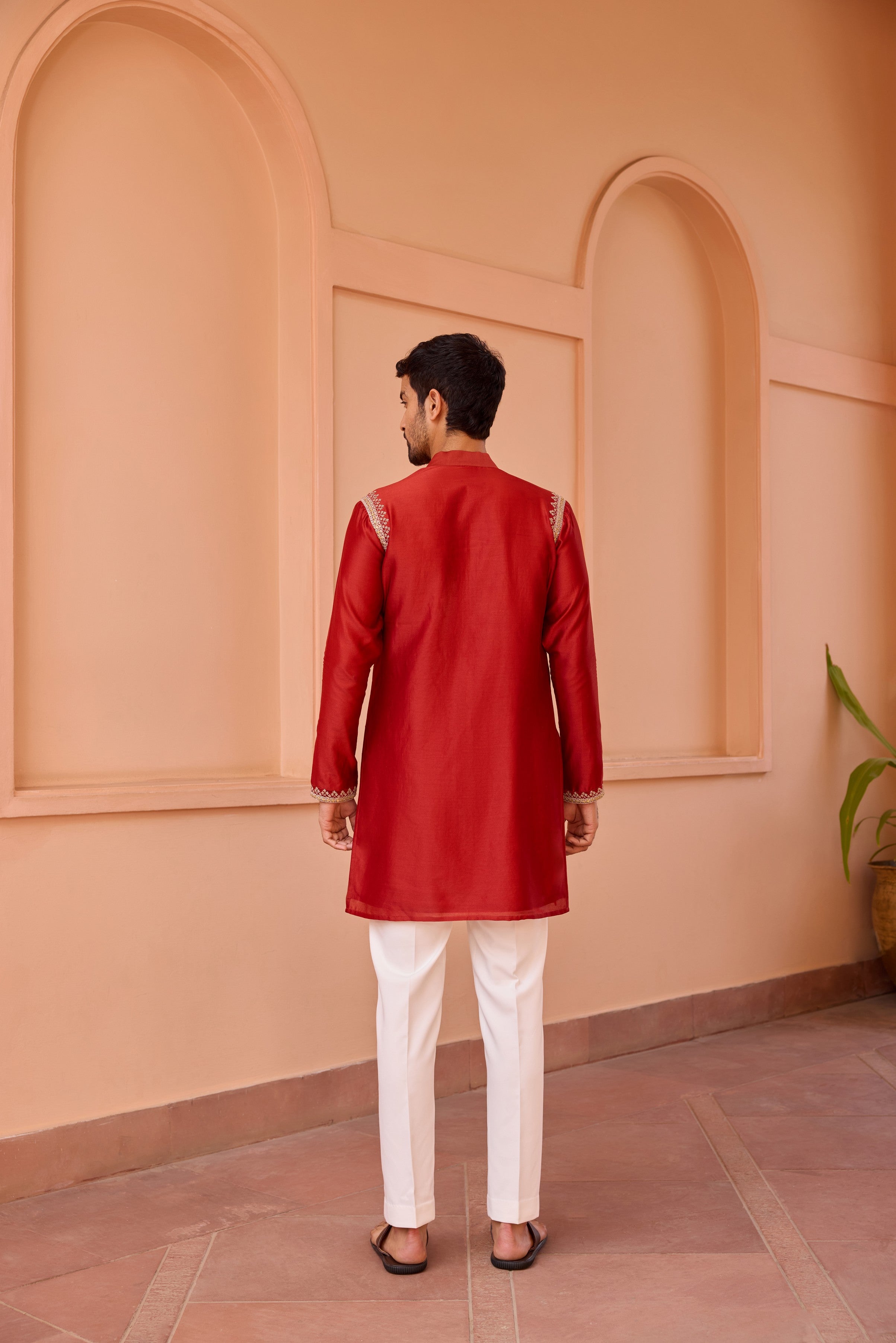 Red dori and hand embroidered silk kurta set