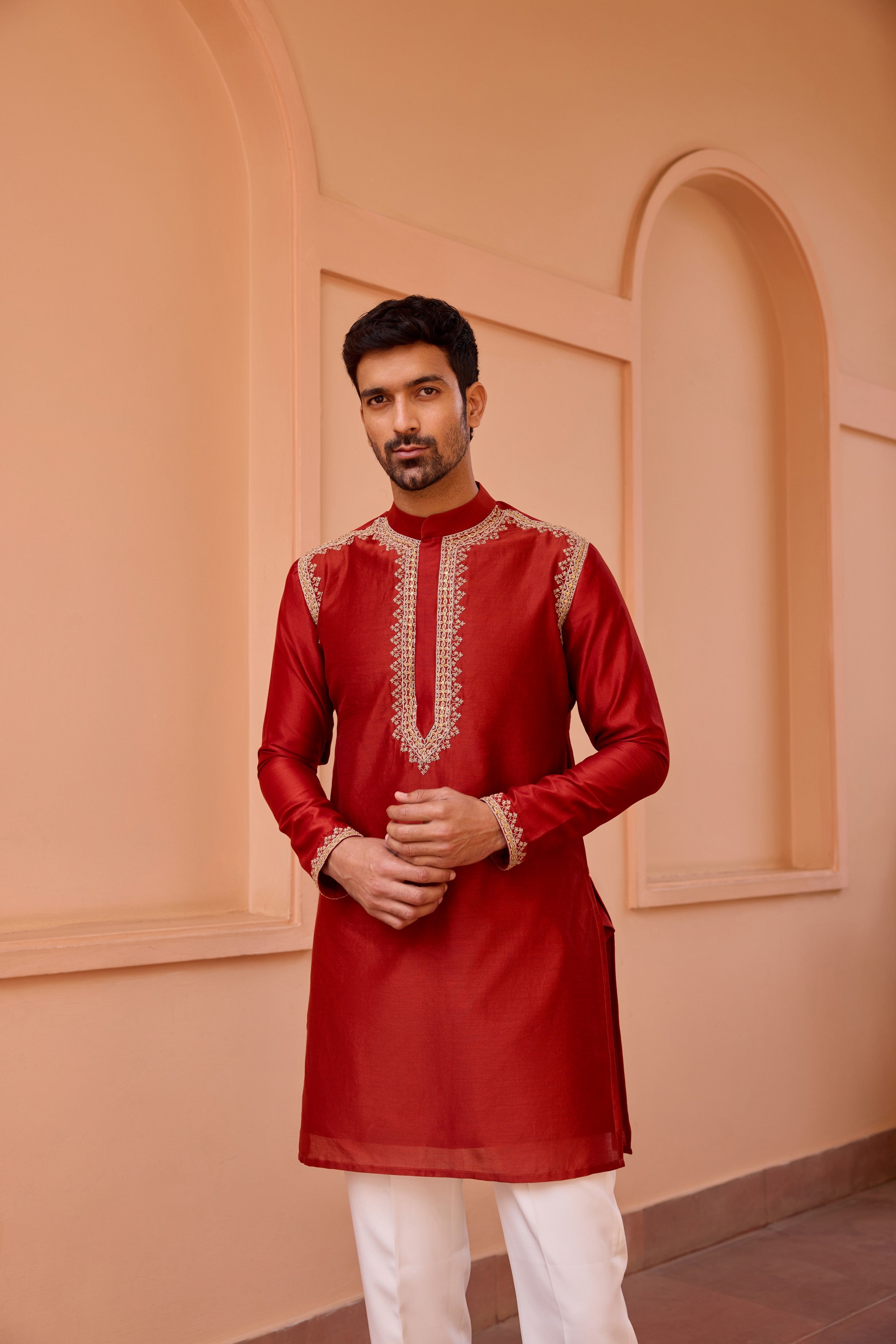 Red dori and hand embroidered silk kurta