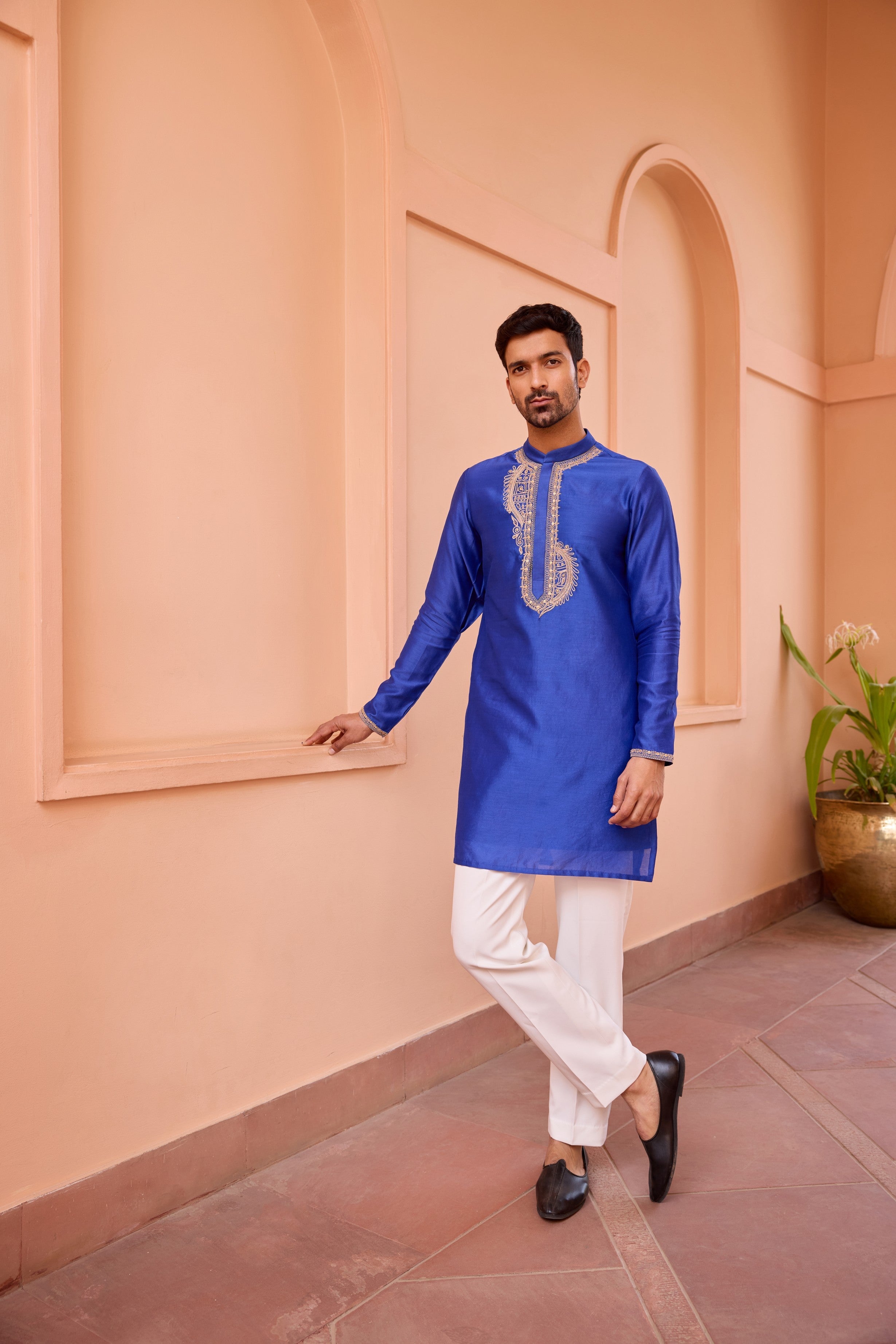 Blue dori and hand embroidered silk kurta