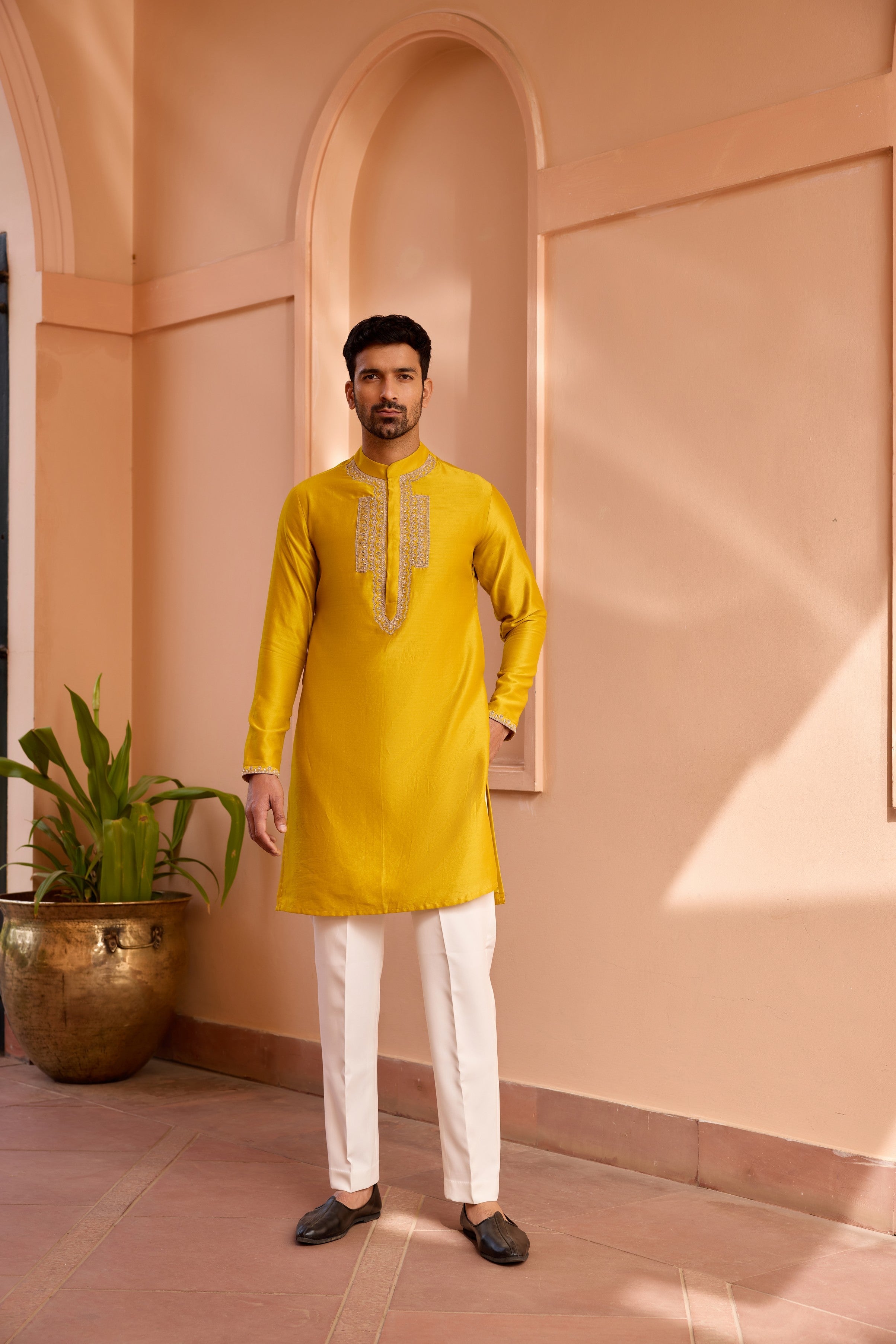 Yellow dori and hand embroidered silk kurta set