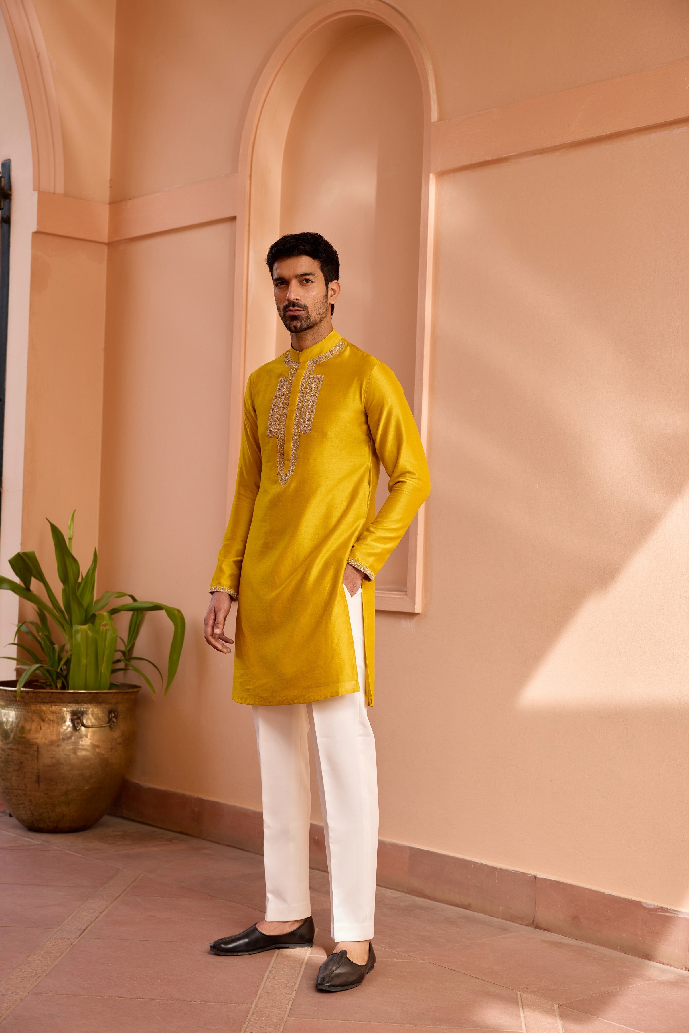 Yellow dori and hand embroidered silk kurta set