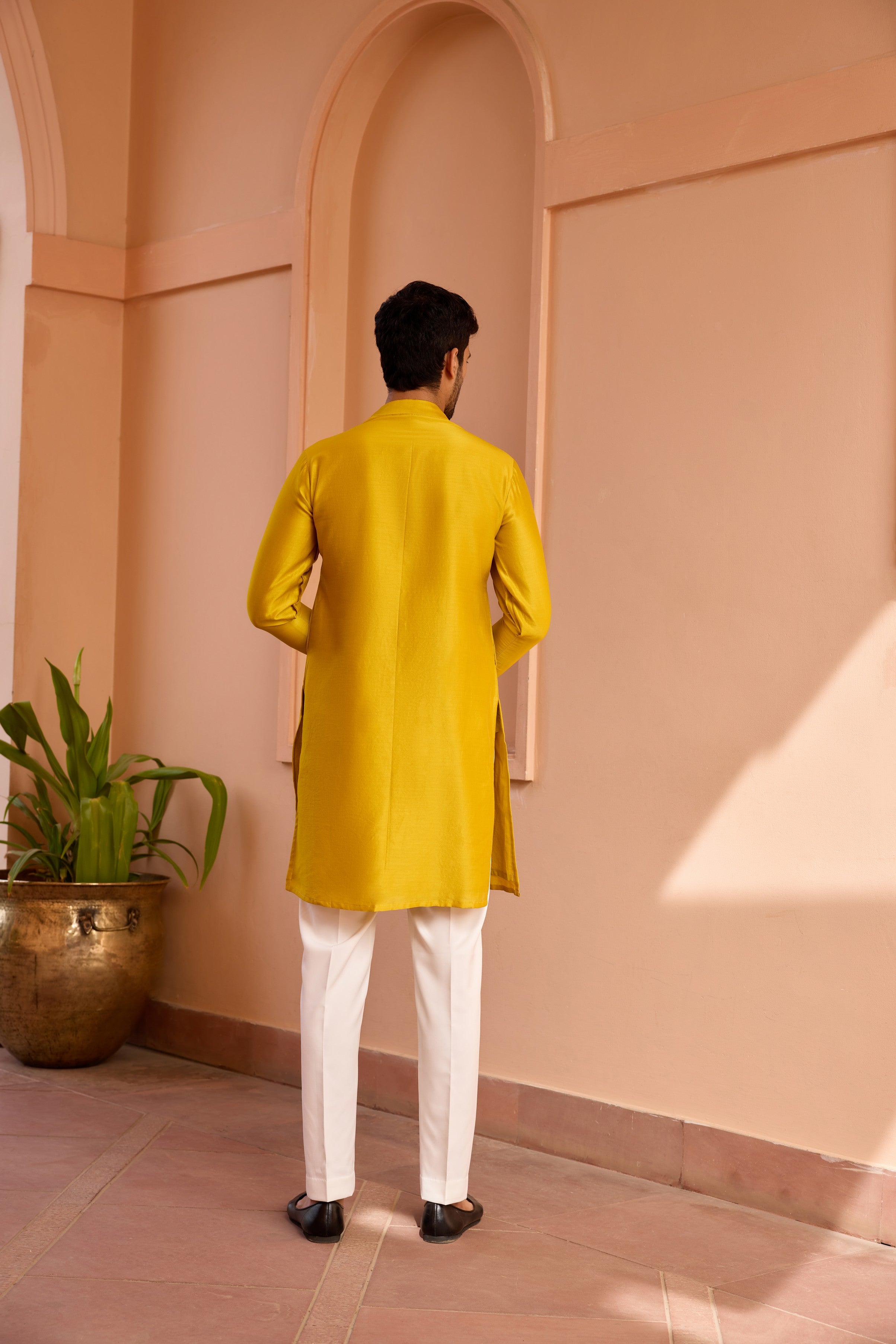 Yellow dori and hand embroidered silk kurta set