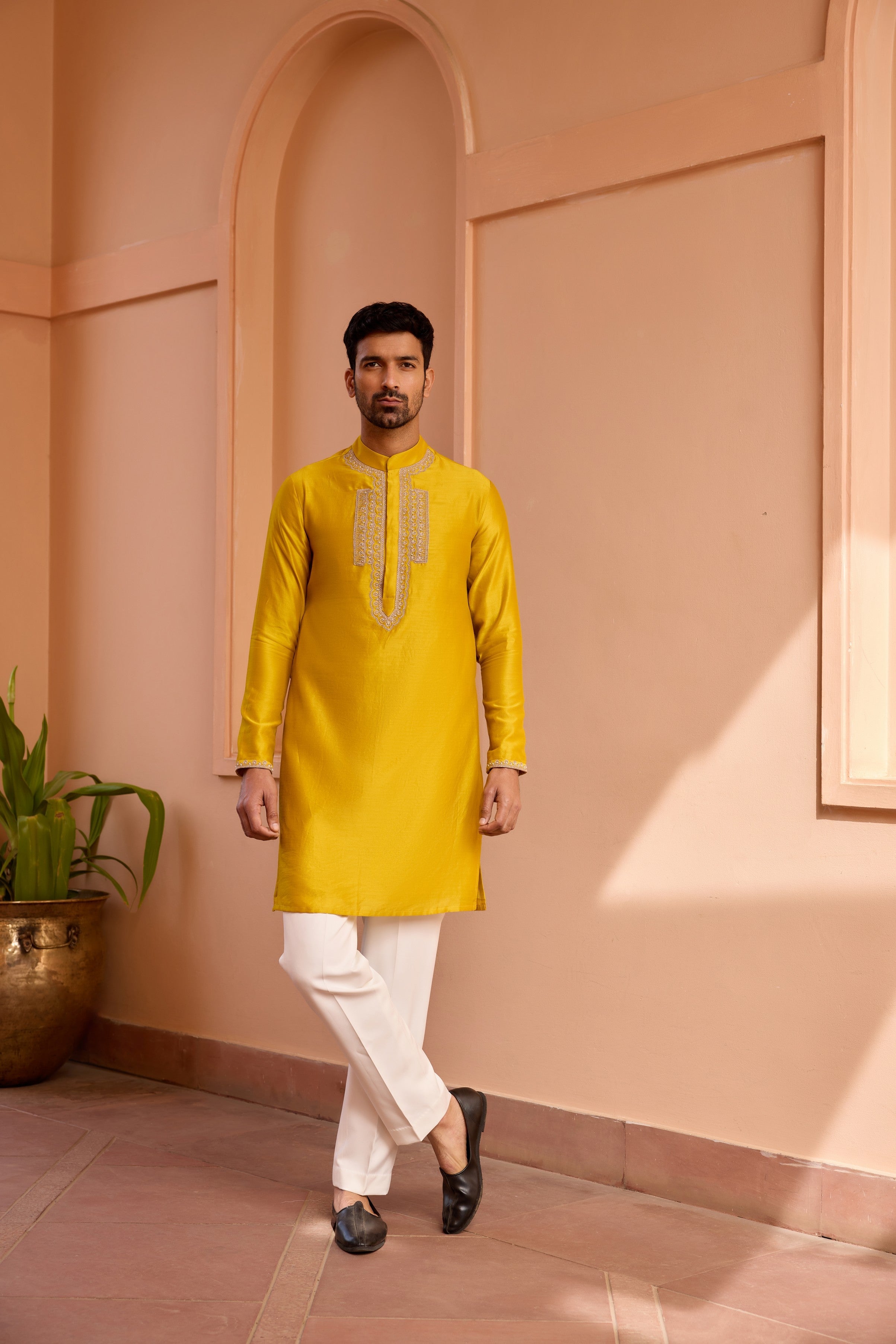 Yellow dori and hand embroidered silk kurta