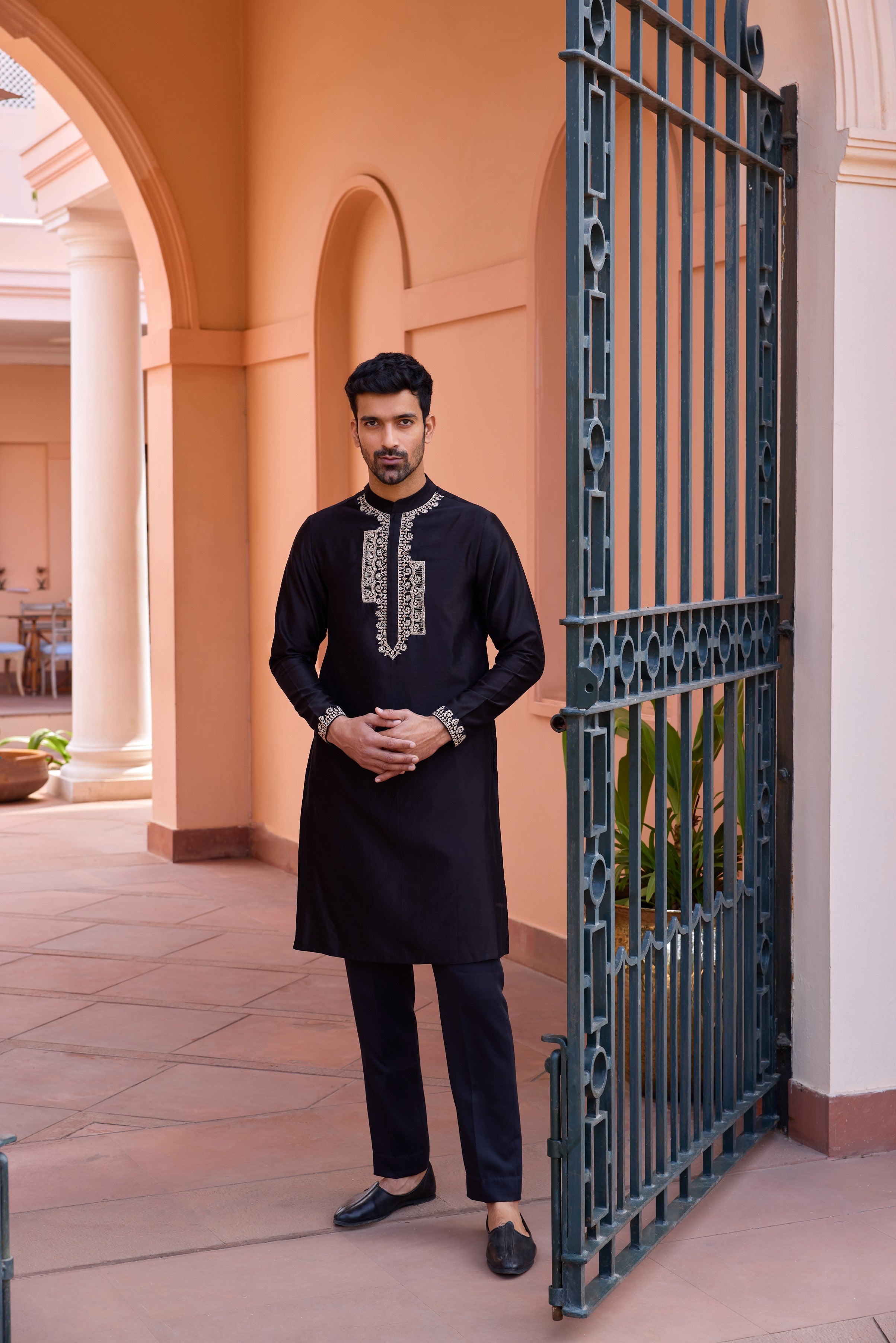 Black dori and hand embroidered silk kurta set