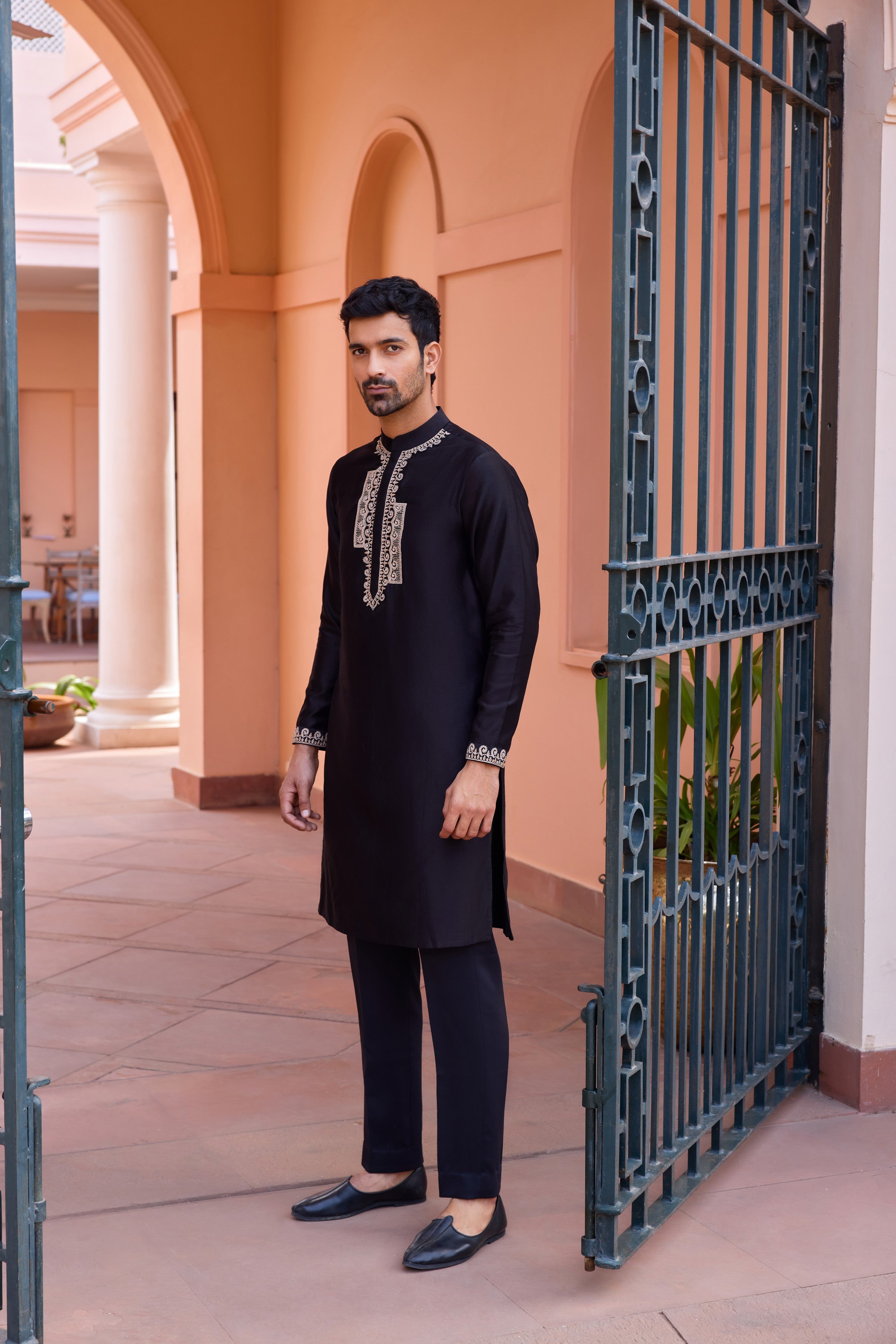 Black dori and hand embroidered silk kurta set