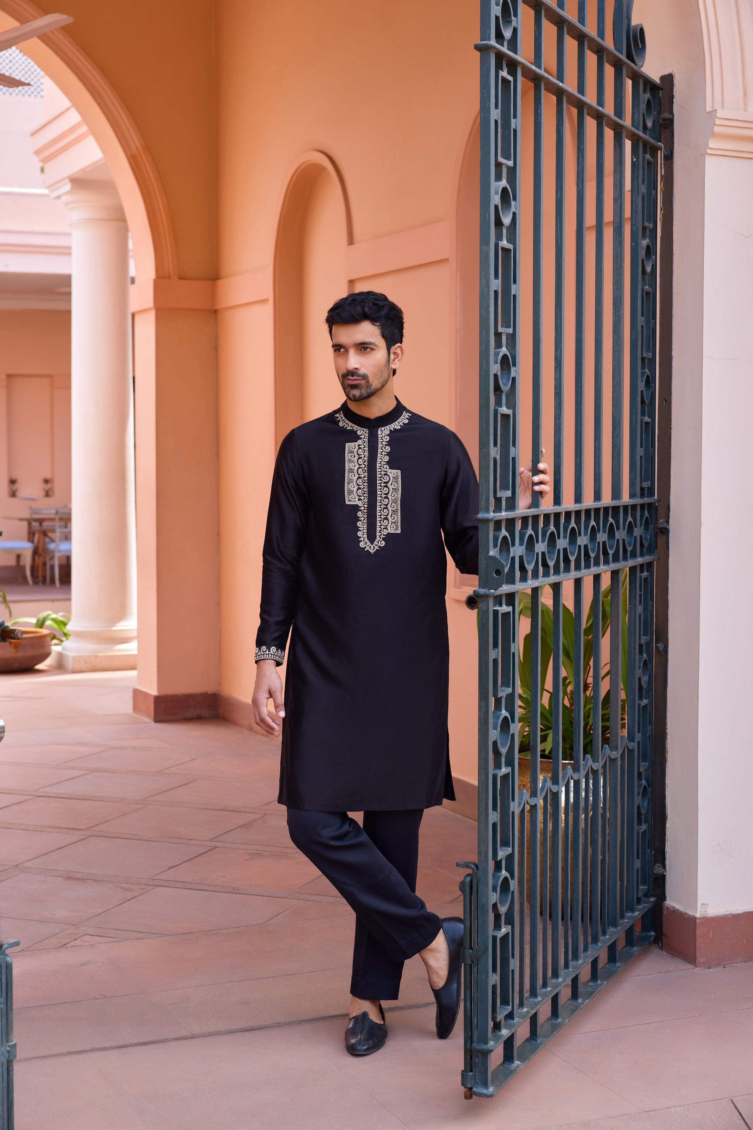 Black dori and hand embroidered silk kurta