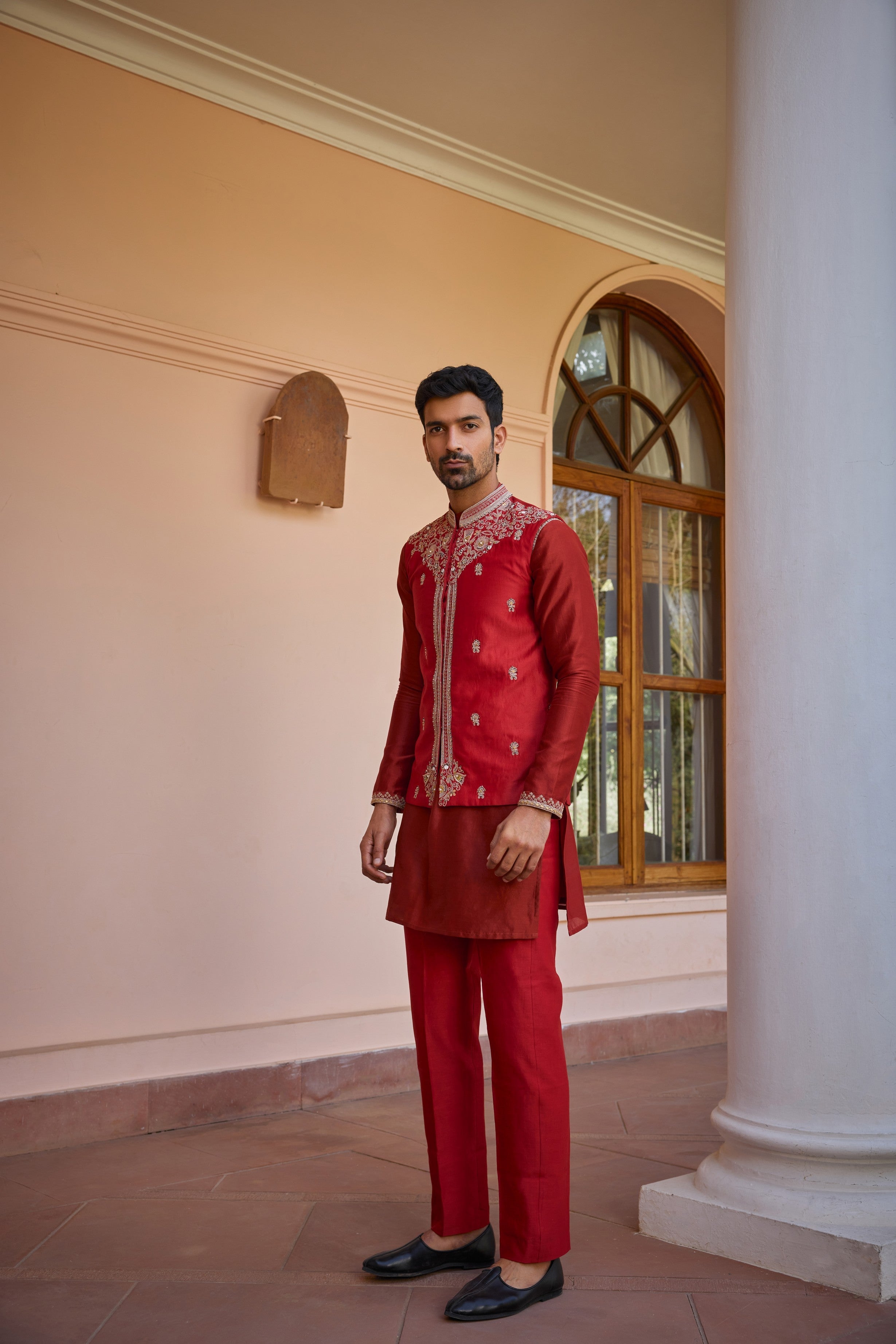 Red hand embroidered bundi jacket set