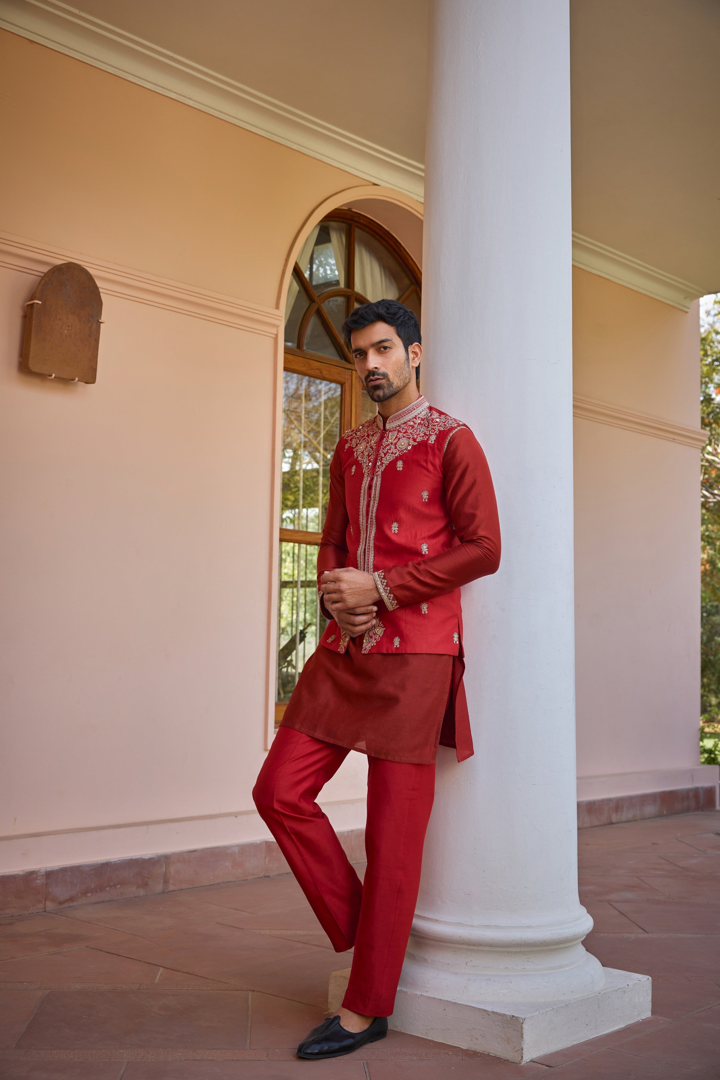 Red hand embroidered bundi jacket set