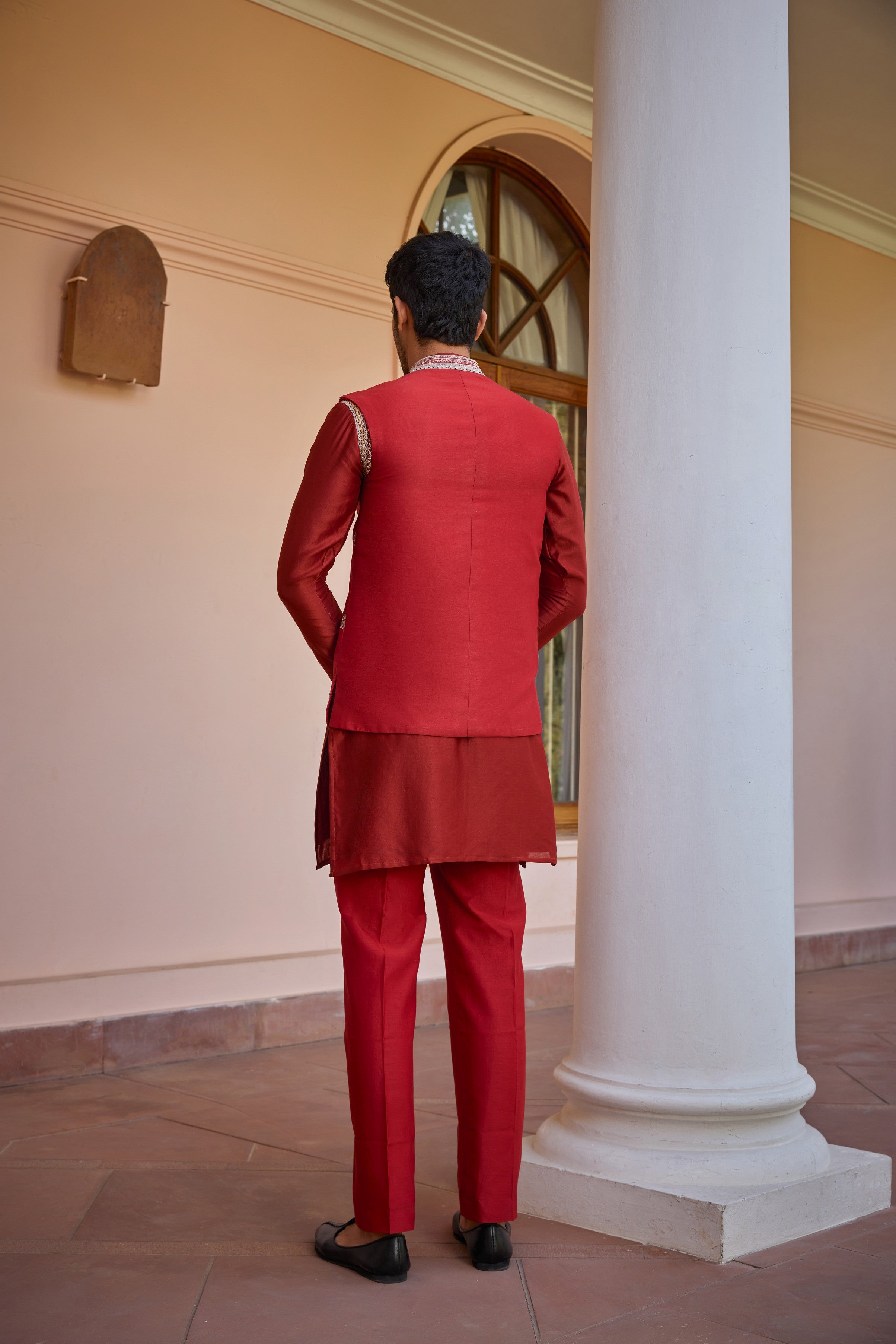 Red hand embroidered bundi jacket set