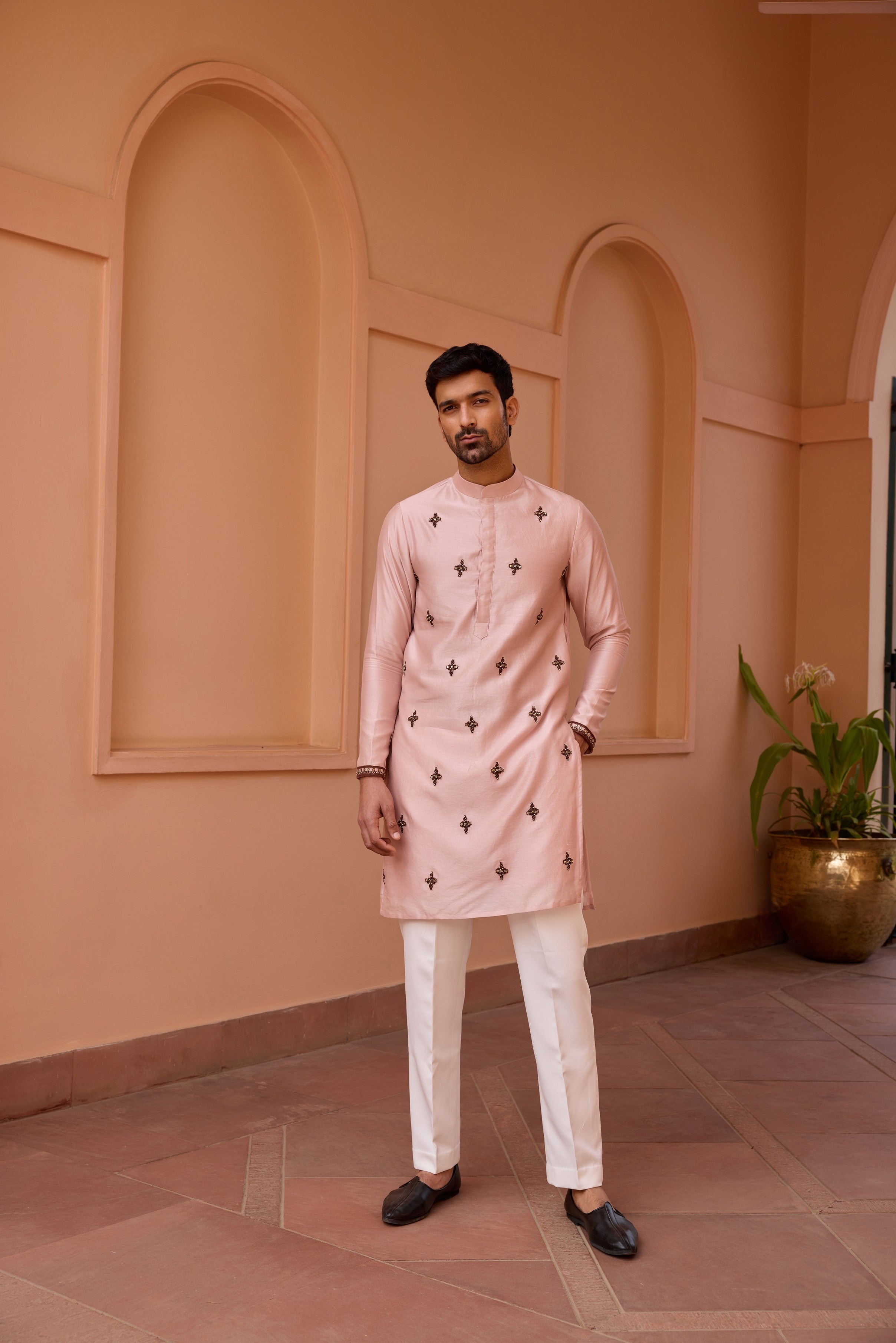 Dusty pink dori and hand embroidered kurta set