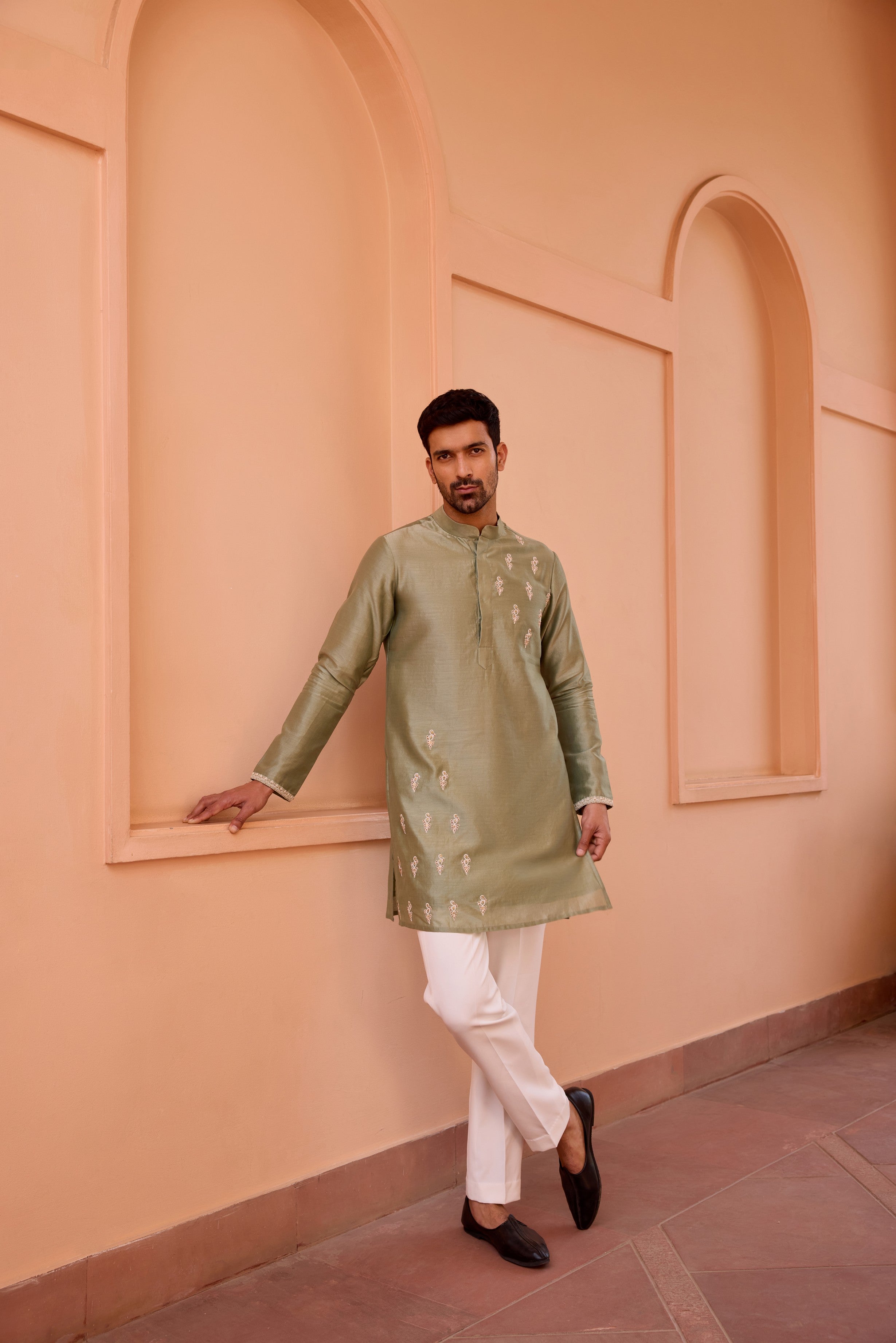 Sage green dori and hand embroidered kurta set