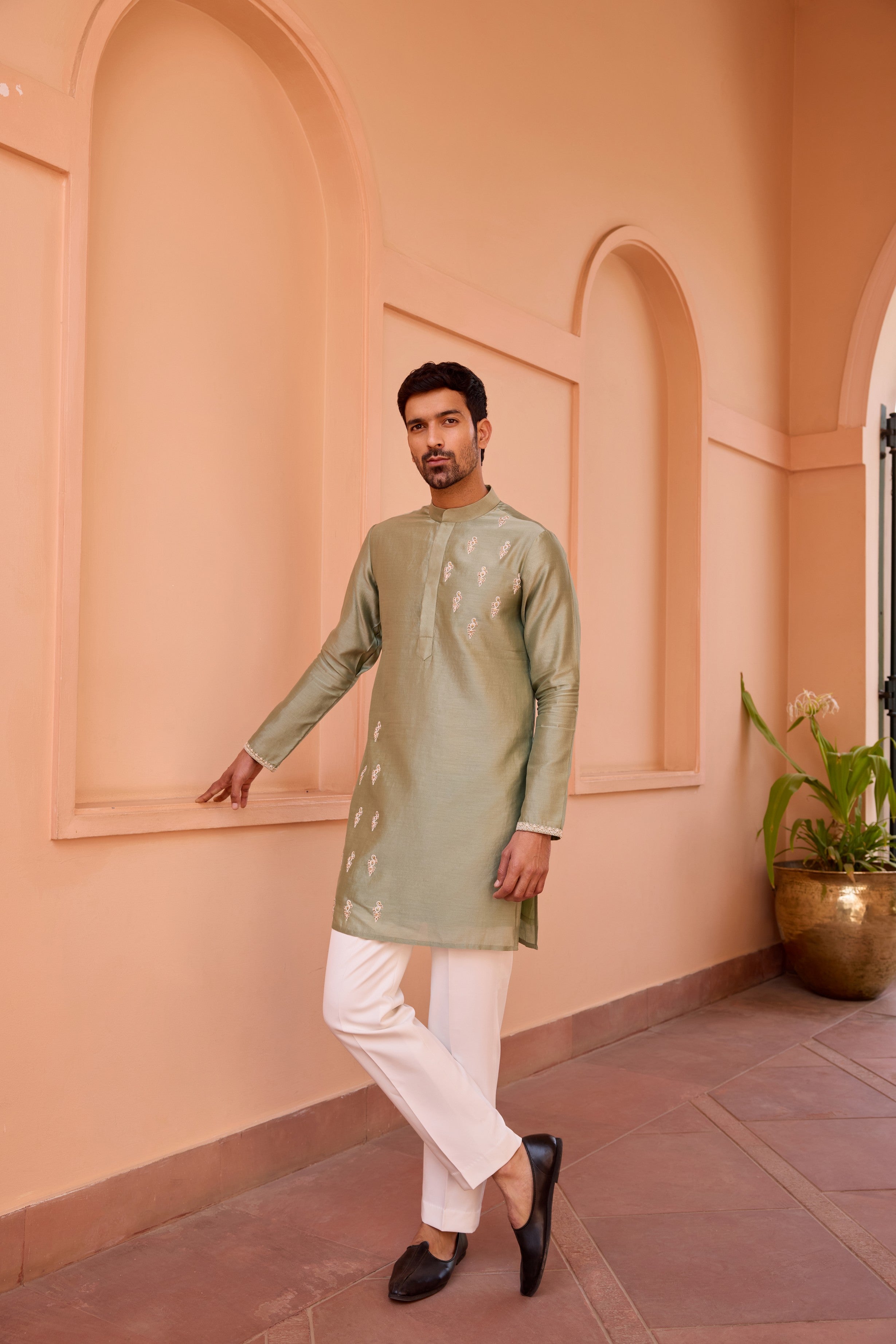 Sage green dori and hand embroidered kurta set