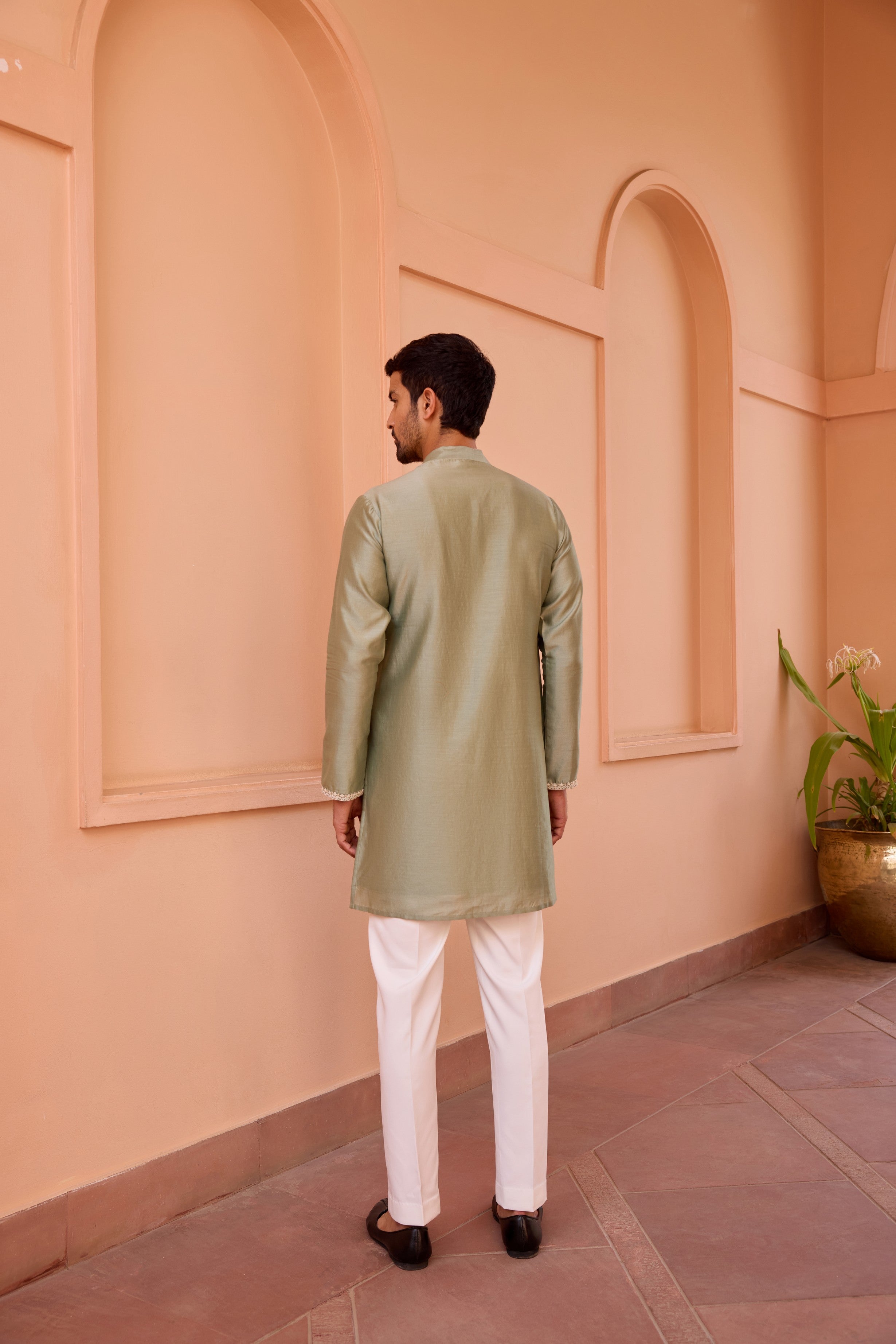 Sage green dori and hand embroidered kurta set