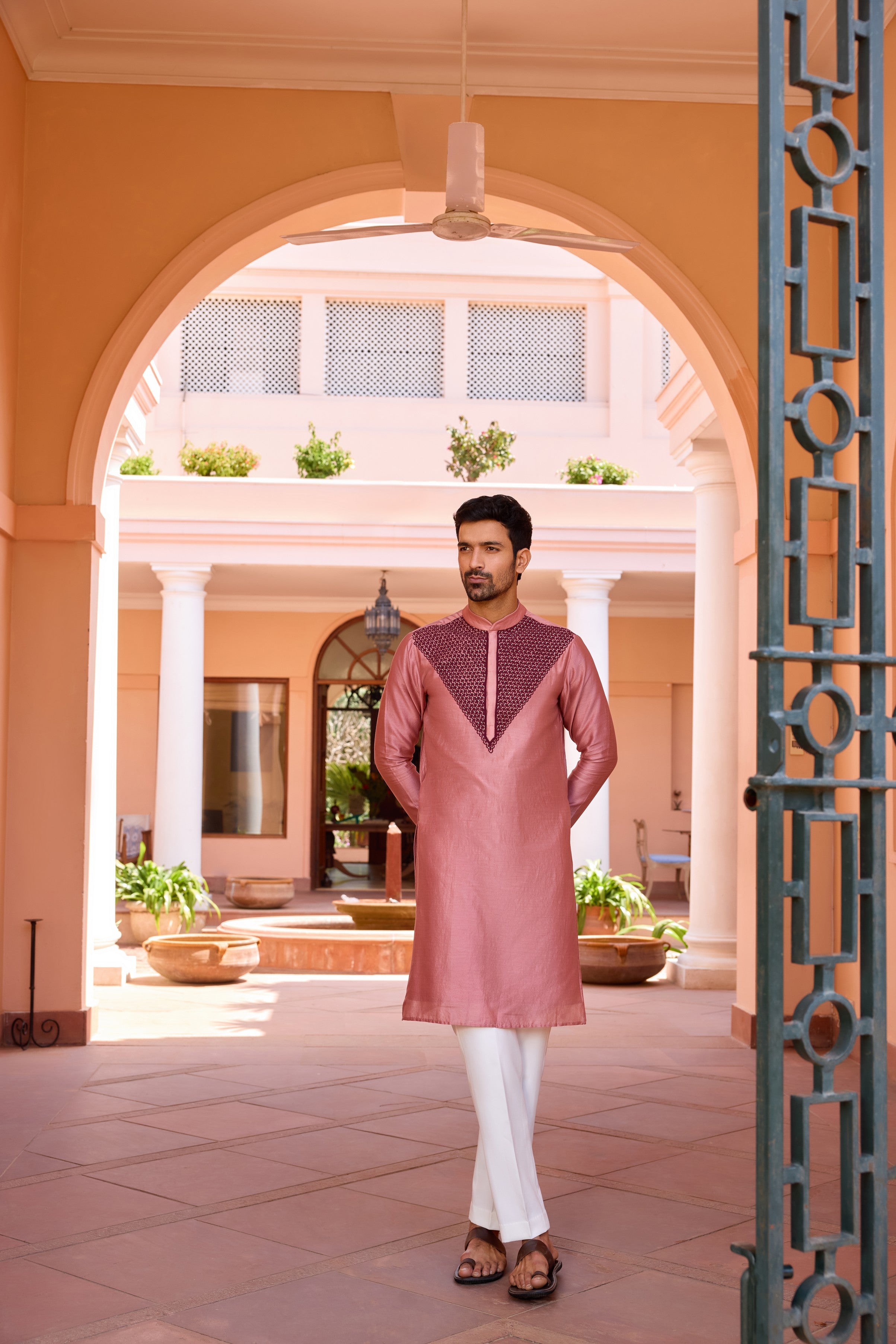 Cameo pink dori and hand embroidered kurta set