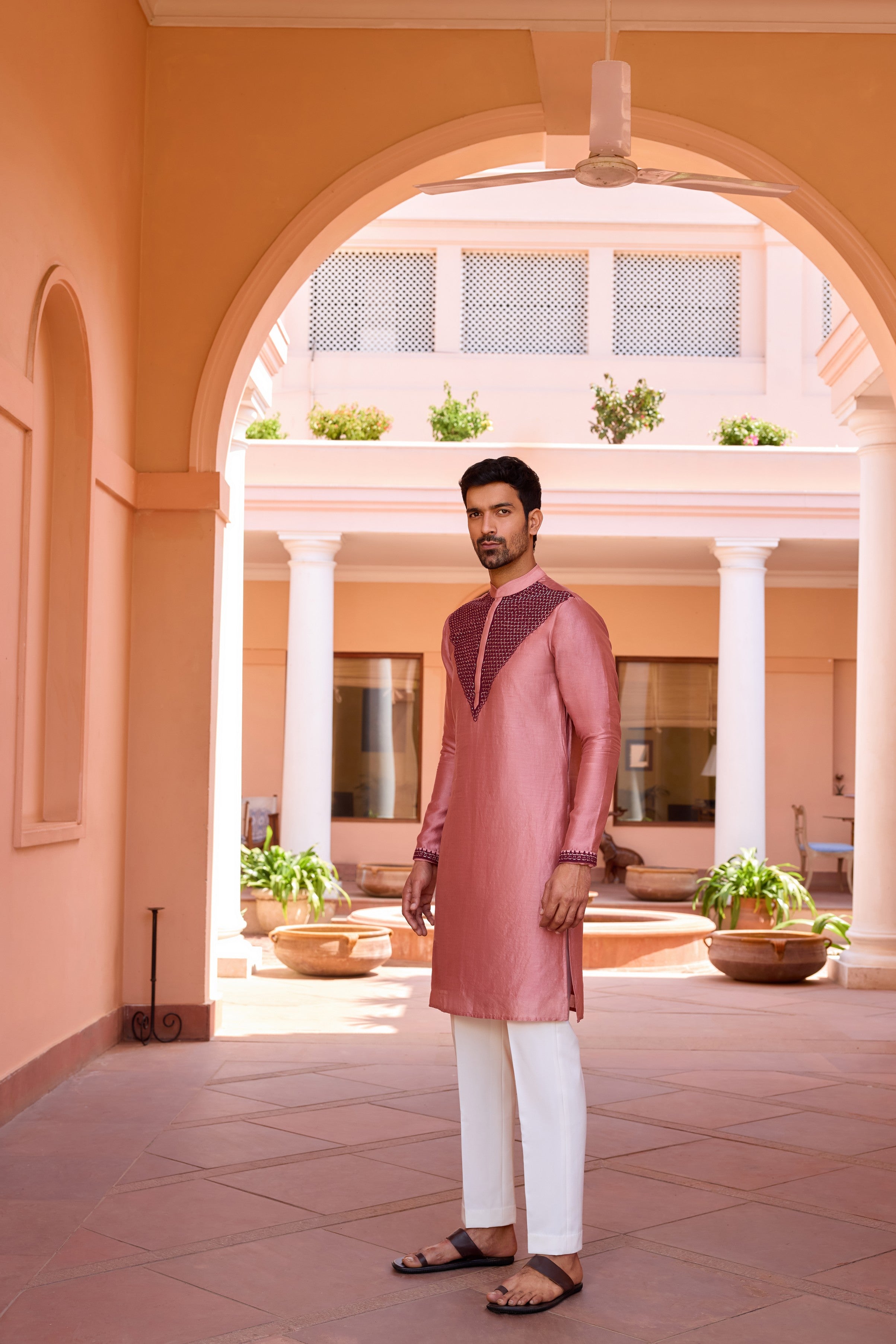 Cameo pink dori and hand embroidered kurta set