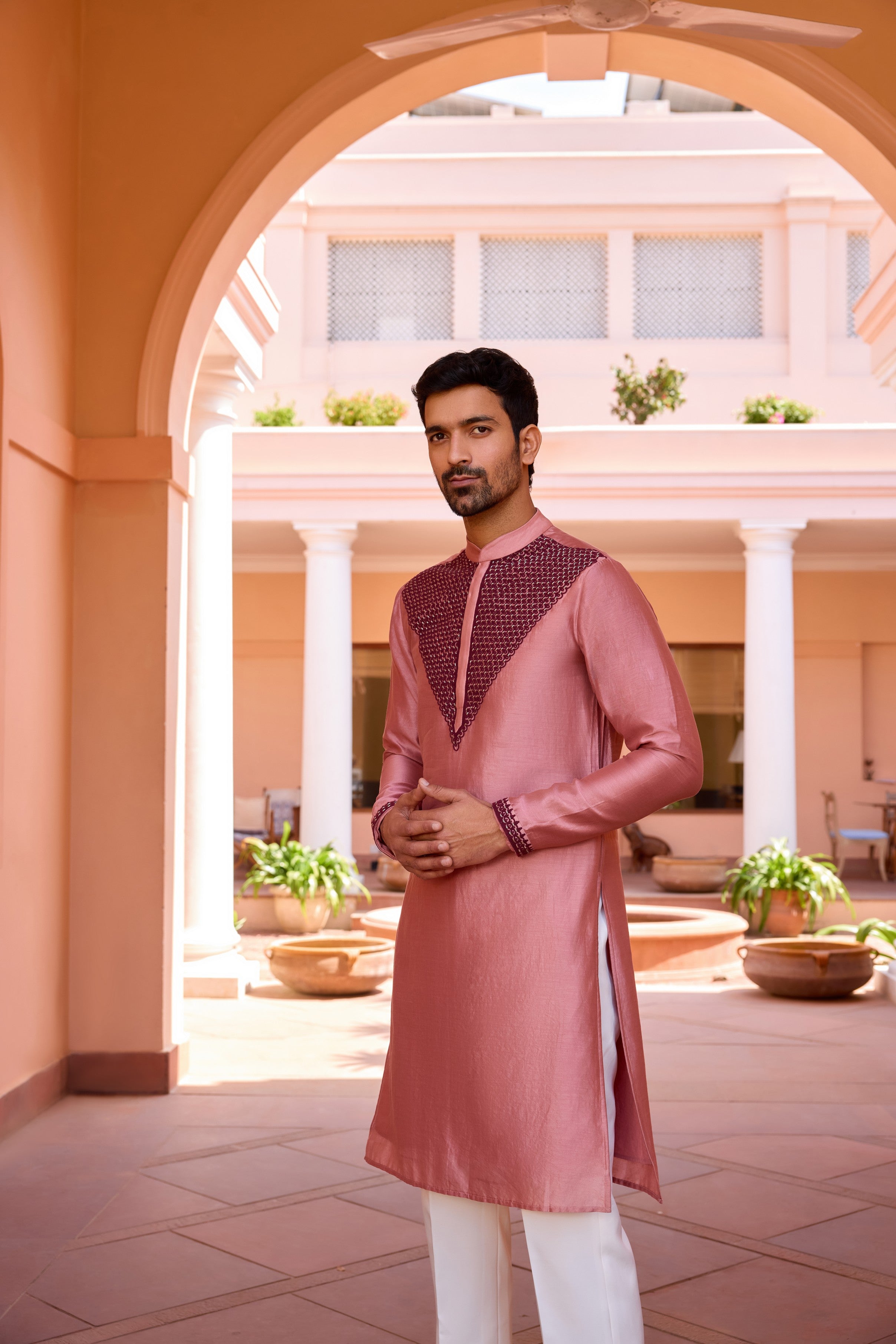 Cameo pink  dori and hand embroidered kurta