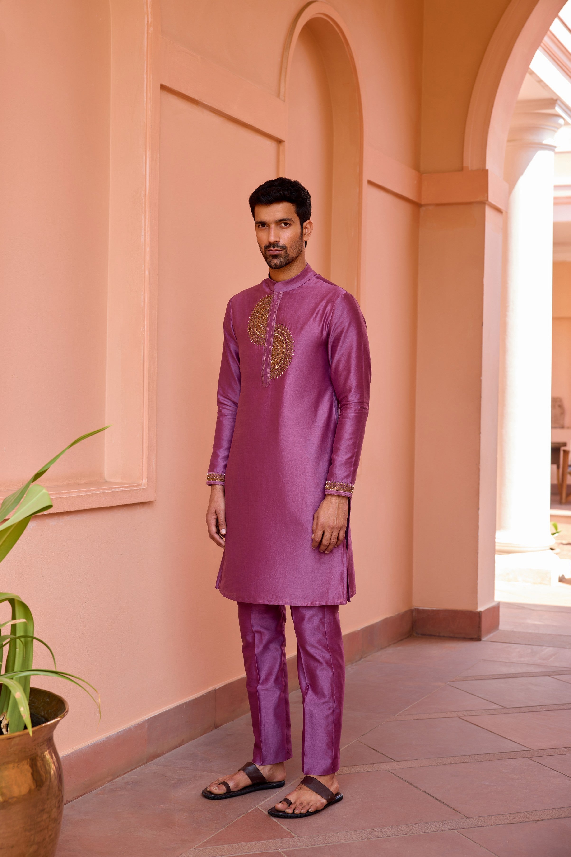 Plum earthy pink  dori and hand embroidered silk kurta set