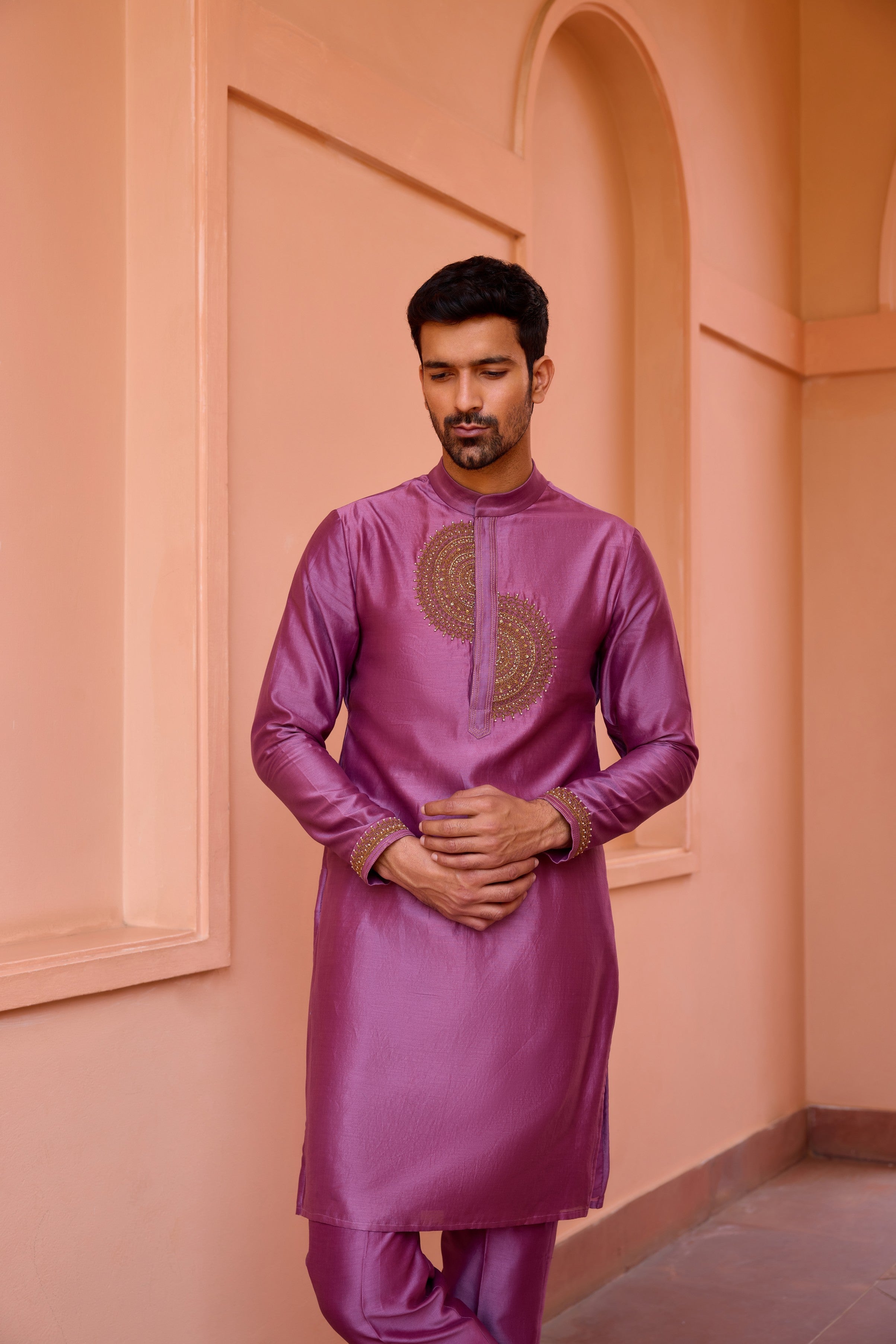 Plum earthy pink  dori and hand embroidered silk kurta set