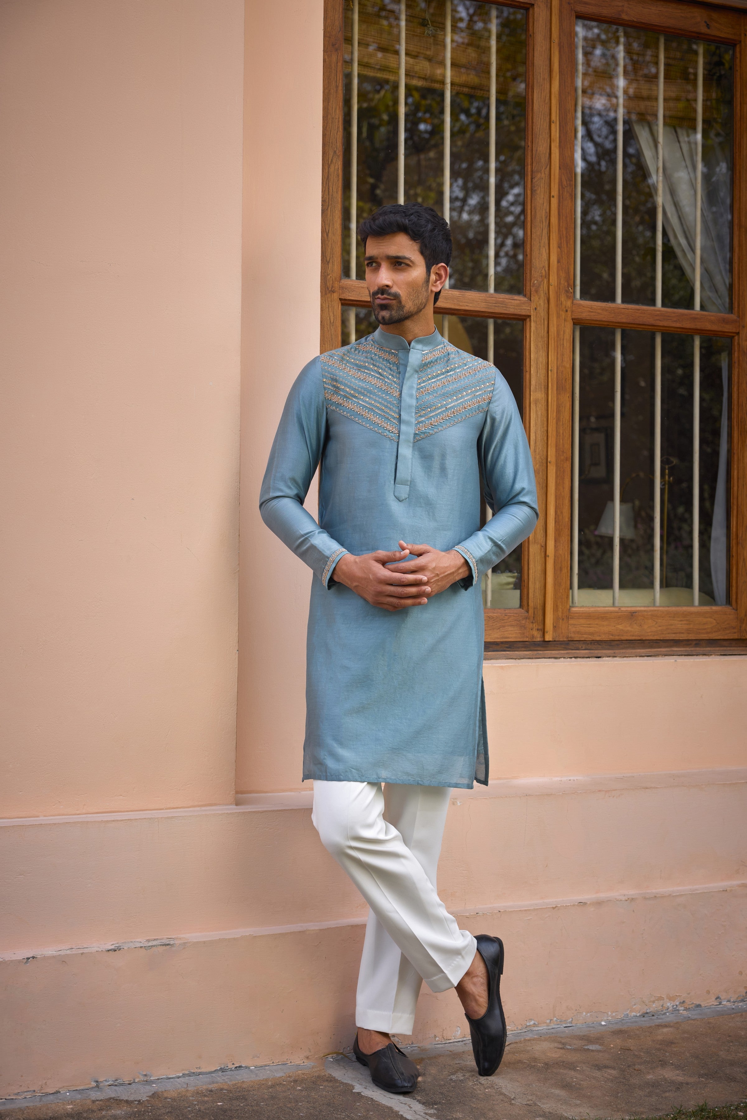 Grey dori and hand embroidered silk  kurta set