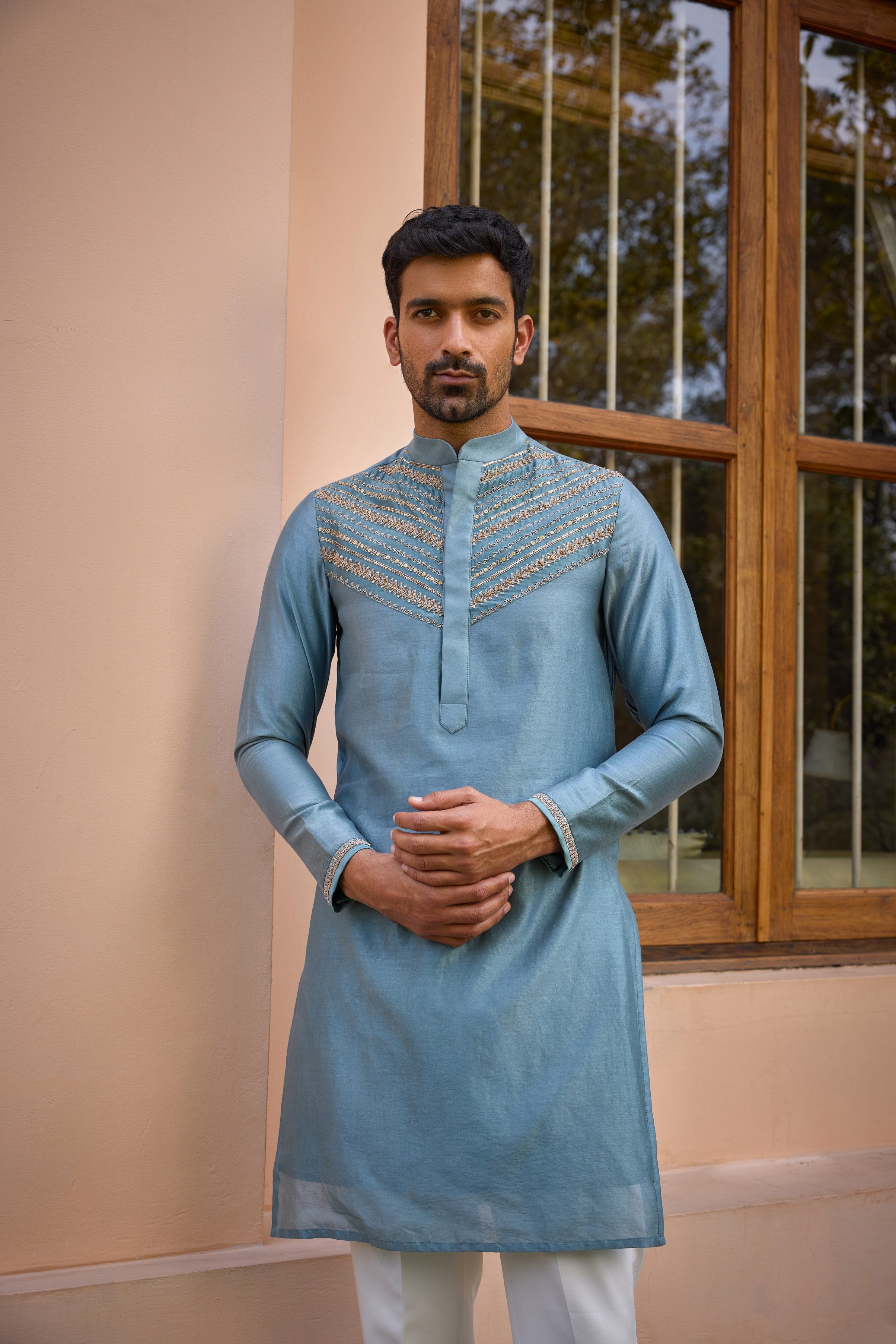 Grey dori and hand embroidered silk  kurta set