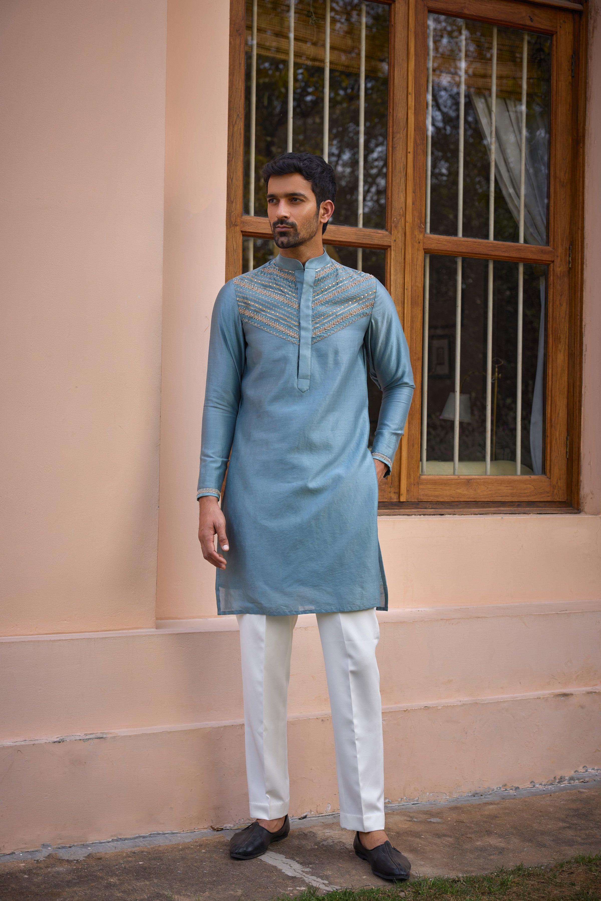 Grey dori and hand embroidered silk  kurta