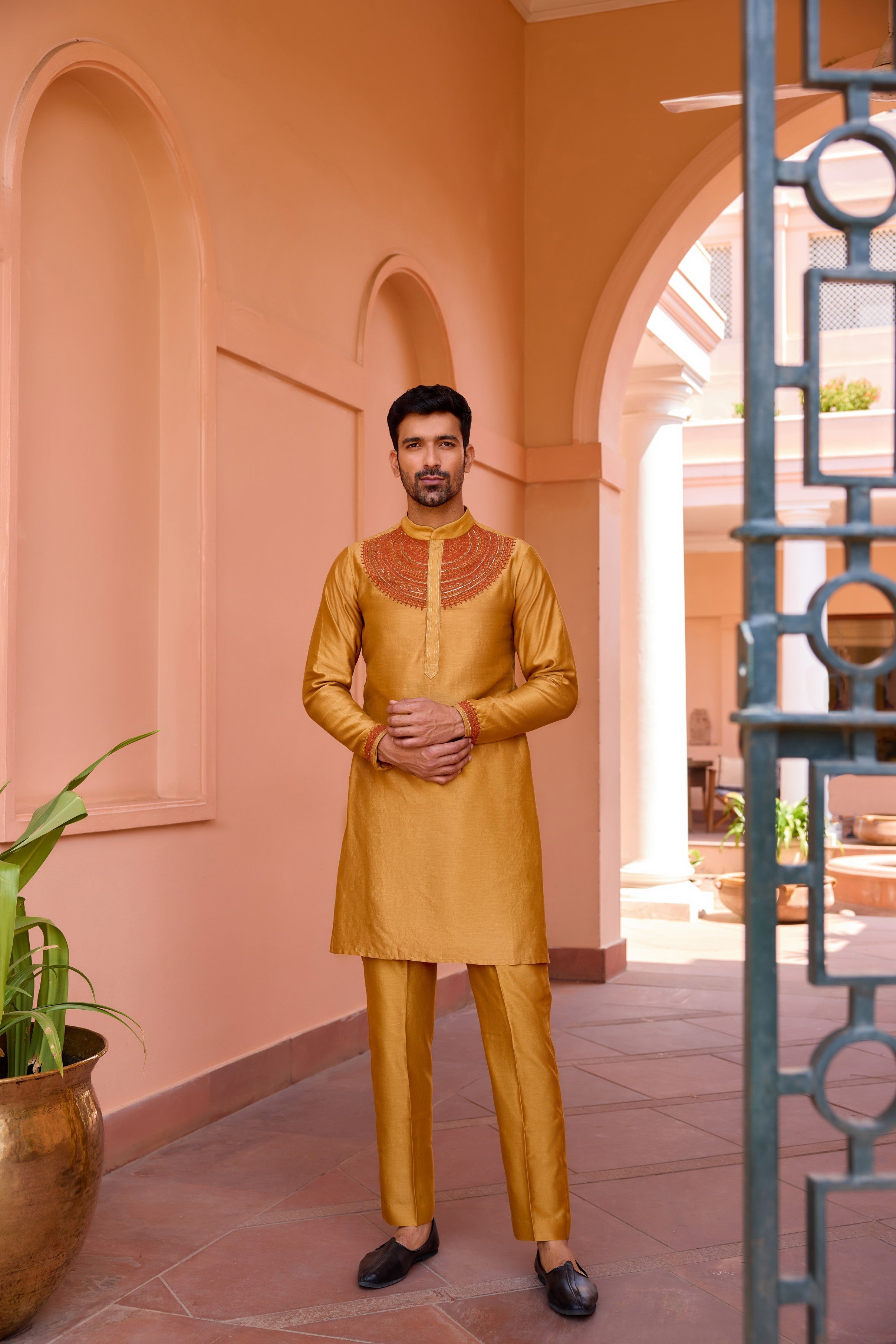 Gold mustard dori and hand embroidered silk kurta set