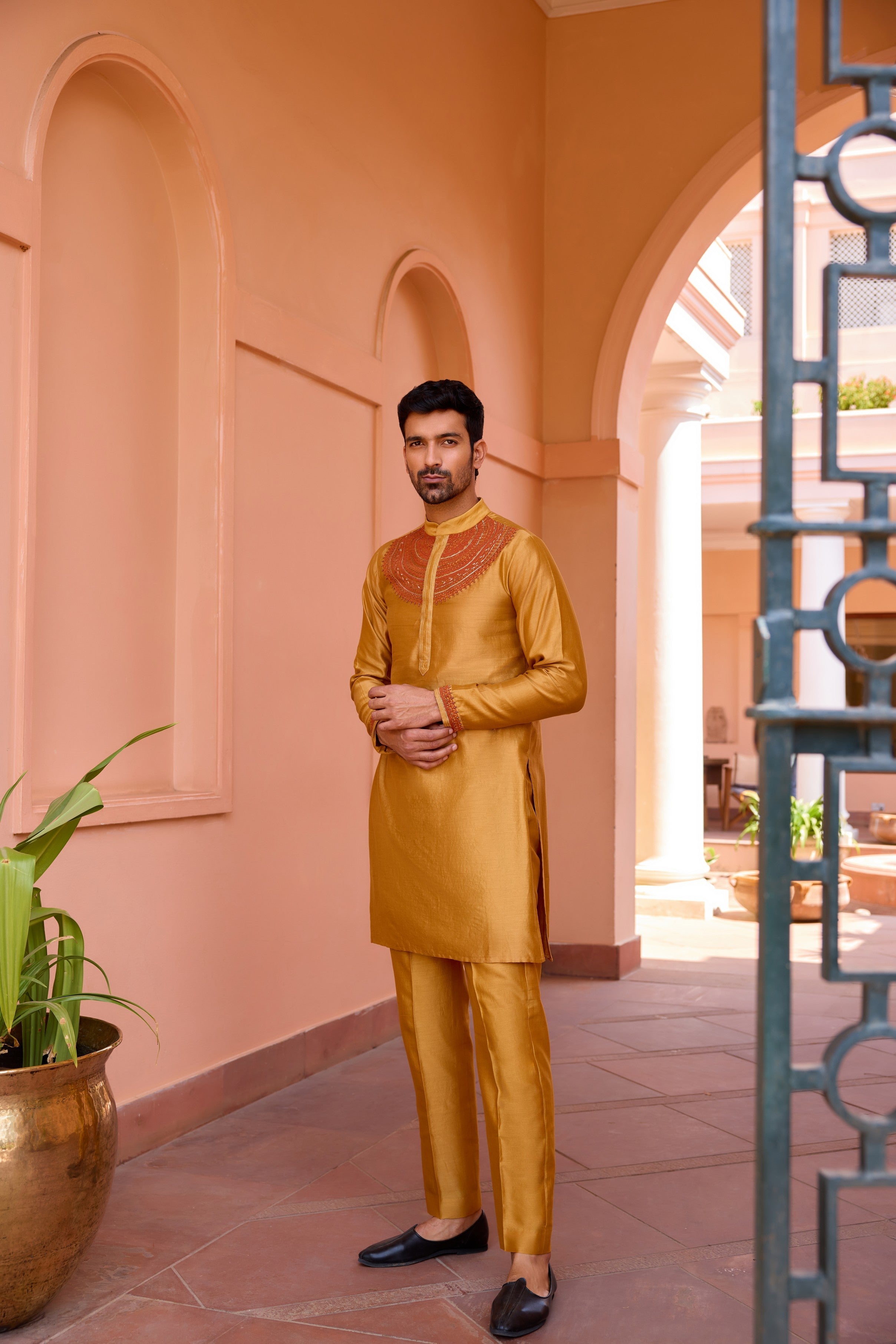 Gold mustard dori and hand embroidered silk kurta set